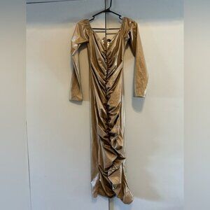 PrettyLittleThing -  Shimmering Tan Long Sleeve Plunge Gown (Size 10)